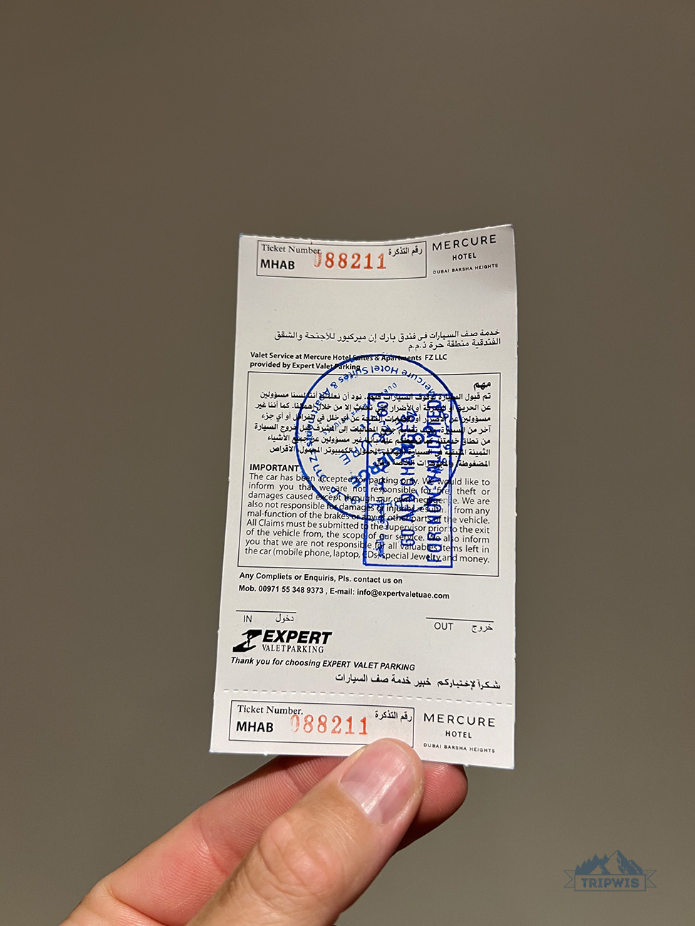 Valet ticket in Mercure hotel Dubai